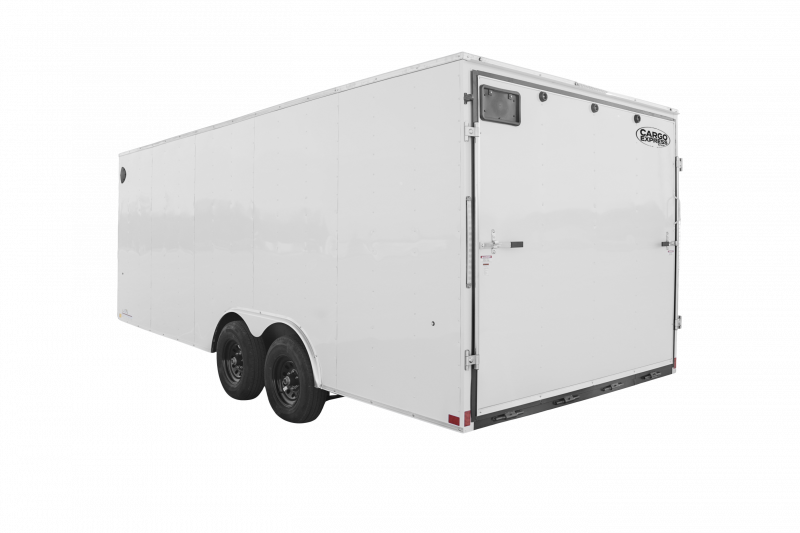 Cargo Express Trailers | Trailer Models | EX DLX Car Hauler Trailer | Good Model image of back left of a white trailer with a rear fold down door | Image 4