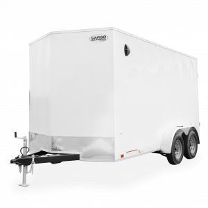 Cargo Express | Trailers | Trailer Models | EX Series DLX | Image of white enclosed cargo trailer with dual axles showing left front of trailer with clear background