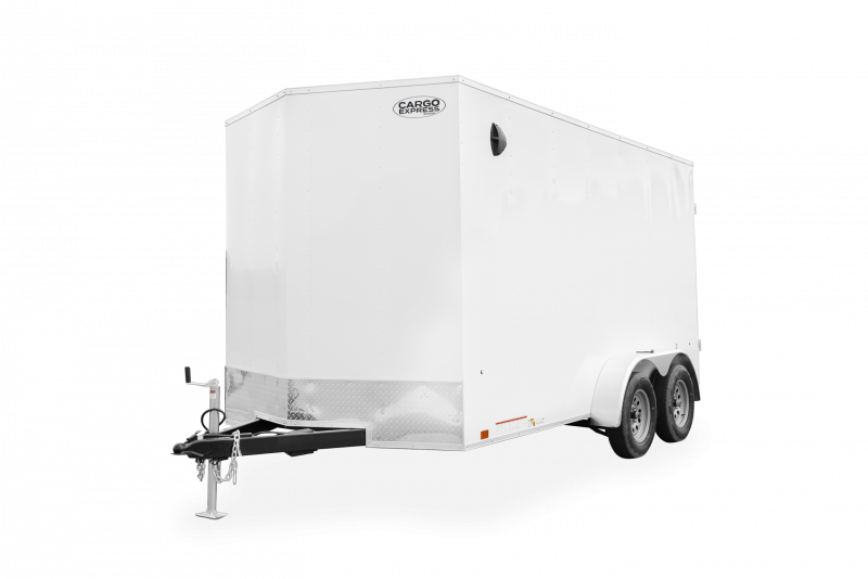 Cargo Express | Trailers | Trailer Models | EX Series DLX | Image of white enclosed cargo trailer with dual axles showing left front of trailer with clear background