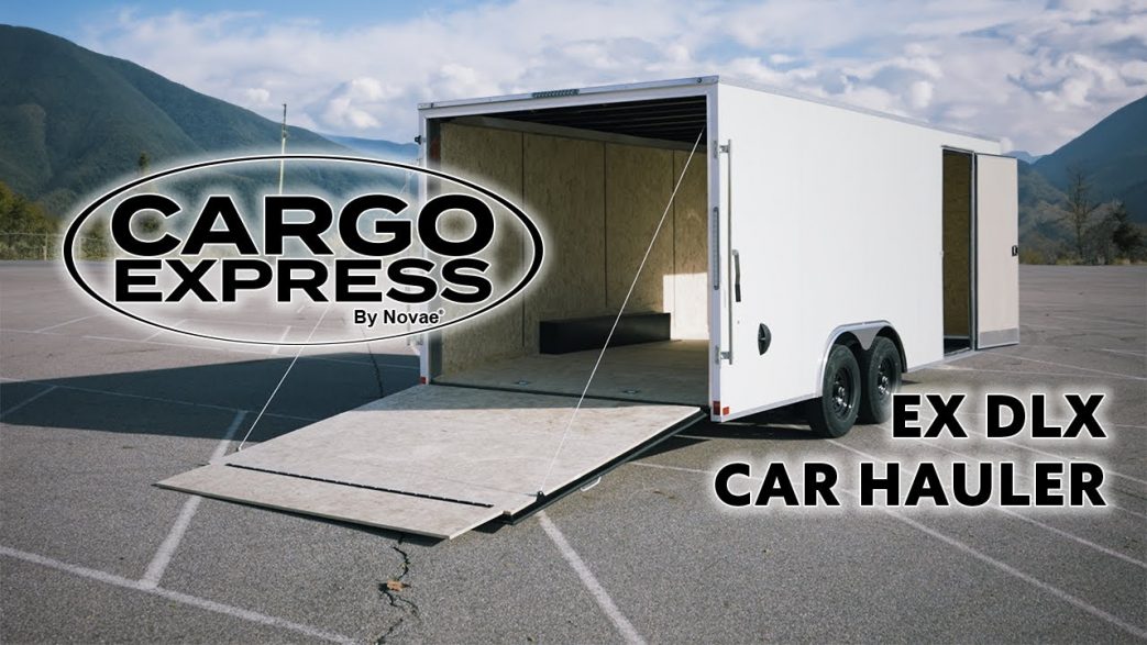 Cargo Express Trailers | Blog Post | Feature Callout | EX DLX Auto Hauler | Image of Good Auto Hauler Trailer with Rear Fold Down Door Open showing the ability to haul a car