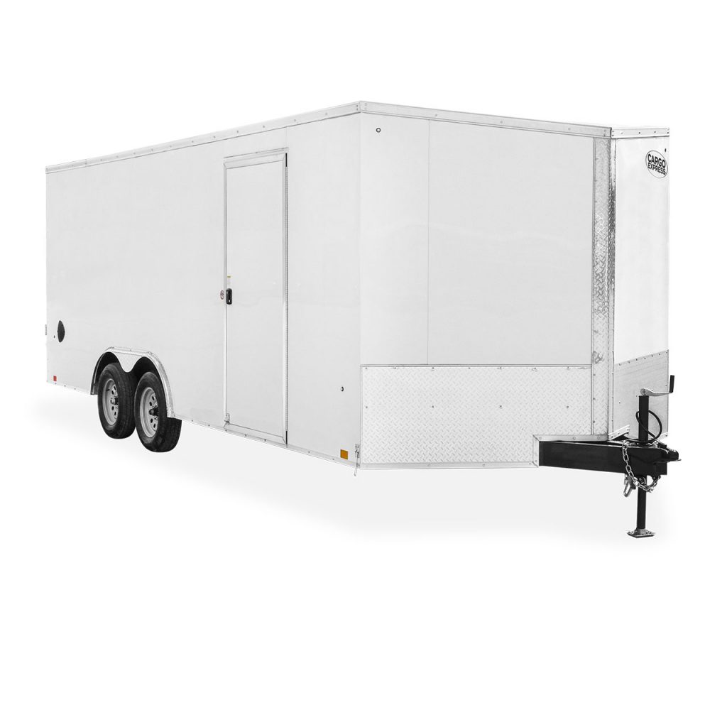 Cargo Express Trailers | Trailers | Car Hauler Trailers | XL SE V-Nose Car Hauler & XL SE Round Nose Car Hauler | Picture of the front of a white car hauler cargo trailer