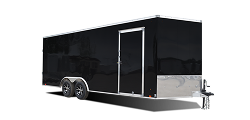 Black dual axle cargo trailer with front entry